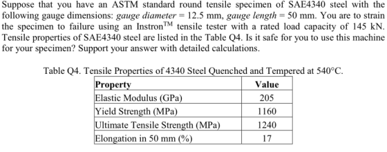 Suppose that you have an ASTM standard round tensile specimen of SAE4340 steel with the following gauge dimensions: gauge diameter 12.5 mm, gauge length -50 mm. You are to strairn Tensile properties of SAE4340 steel are listed in the Table Q4. Is it safe for you to use this machine for your specimen? Support your answer with detailed calculations. Table Q4. Tensile Properties of 4340 Steel Quenched and Tempered at 540°C Property Elastic Modulus (GPa) Yield Strength (MPa) Ultimate Tensile Strength (MPa) Elongation in 50 mm (%) Value 205 1160 1240 17
