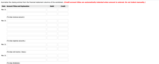 Journalize the closing entries from the financial statement columns of the worksheet. (Credit account titles are automaticall