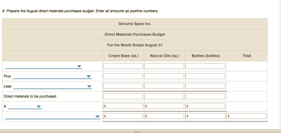 6. Prepare the August direct materials purchases budget. Enter all amounts as positive numbers. Genuine Spice Inc. Direct Mat