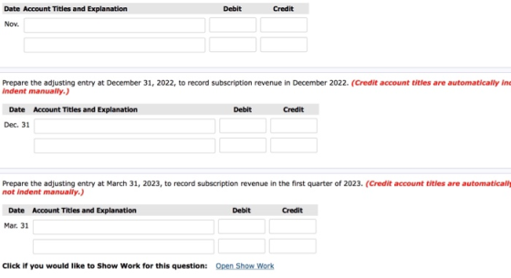 Date Account Titles and Explanation Debit Credit Nov. Prepare the adjusting entry at December 31, 2022, to record subscriptio