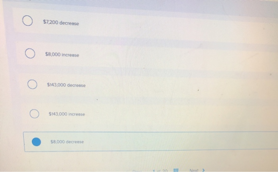 - Ο $7.200 decrease Ο $8,000 increase Ο $143,000 decrease Ο $143,000 increase $8.000 decrease Next >