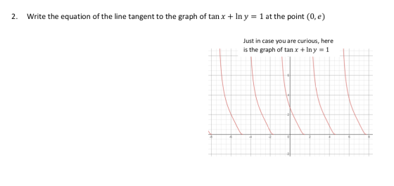 2. Write the equation of the line tangent to the graph of tan x + ln y = 1 at the point (0, e) Just in case you are curious,