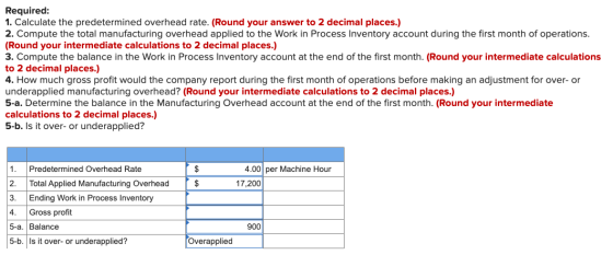 Required: 1. Calculate the predetermined overhead rate. (Round your answer to 2 decimal places.) 2. Compute the total manufac