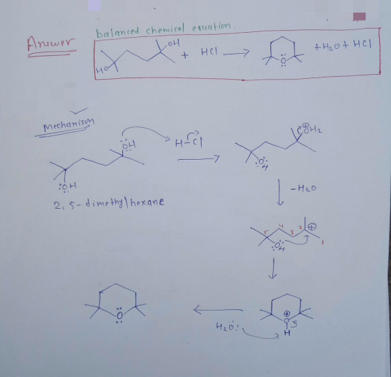 balanced chemical equation. Amour Answer LOH , fit mot + HCl 1 + H2O + HCl för но- mechanism Mechanism 1C8H2 Hoc -Heo OH 2,5-