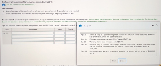 The following transactions of Samuel James oocurred during 2018 (Click the icon to view the transactions.) Requirements 1. Jo