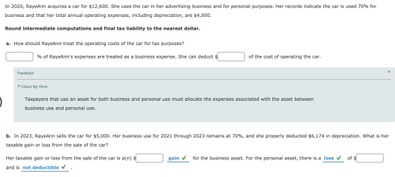 In 2020, RayeAnn acquires a car for $12,600. She uses the car in her advertising business and for personal purposes. Her reco