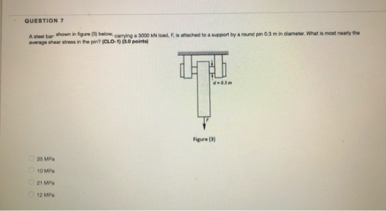 QUESTION 7 A steel bar shown in figure (3) below, carying a 3000 kN load, F, is attached to a support by a round pin 0.3 m in