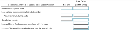 Total Order (56,000 units) Incremental Analysis of Special Sales Order Decision Per Unit Revenue from special order Less vari