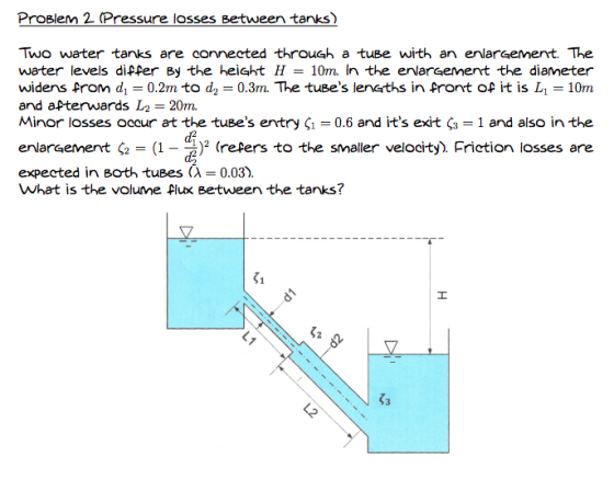 ProBlem 2 Pressure losses Between tanks) Two water tanks are connected through a tuBe with an enlargement. The water levels differ By the height H = 10m. In the en arenent the diameter widens from di 0.2m to d2 = 0.3m. The tuses lenths in front of it is Li = 10m and aPterwards L2 = 20m. Minor losses occur at the tuses entry ! = 0.6 and its exit = 1 and also in the enlargement = (1-) (refers to the smaller velocity. Friction losses are expected in Both tuses(λ = 0.03), what is the volume 위ux Between the tanks? d2