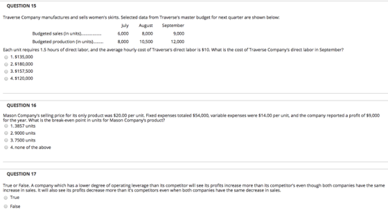 QUESTION 15 Traverse Company manufactures and sells womens skirts. Selected data from Traverses master budget for next quarter are shown below Budgeted sales (in units) Budgeted production (in units). July August September 9,000 12,000 6,000 8,000 8,000 10,500 Each unit requires 1.5 hours of direct labor, and the average hourly cost of Traverses direct labor is $10. What is the cost of Traverse Companys direct labor in September? 1. $135,000 O 2. $180,000 3. $157,500 O 4.$120,000 QUESTION 16 Mason Companys selling price for its only product was $20.00 per unit. Fixed expenses totaled $54,000, variable expenses were $14.00 per unit, and the company reported a profit of $9,000 for the year. What is the break-even point in units for Mason Companys product? 1.3857 units O 2.9000 units 3.7500 units O 4.none of the above QUESTION 17 True or False. A company which has a lower degree of operating leverage than its competitor will see its profits increase more than its competitors even though both companies have the same increase in sales. It will also see its profits decrease more than its competitors even when both companies have the same decrease in sales. O True O False