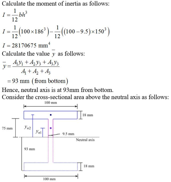 Calculate the moment of inertia as follows: 1 bh I 12 3 1 100 x186 12 1 )(100-9.5)x150) 3 I: 12 4 I 28170675 mm Calculate th