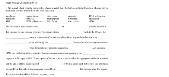 Exam Practice Questions: L09-11 1. Fill in each blank with the best word or phrase selected from the list below. Not all word