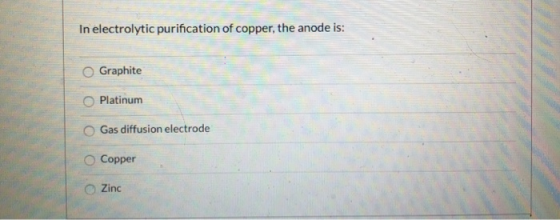 In electrolytic purification of copper, the anode is: Graphite Platinum Gas diffusion electrode Copper Zinc