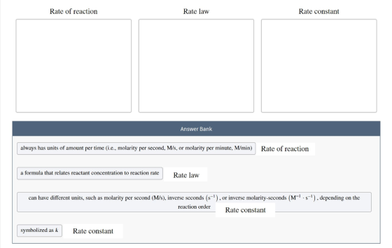 Rate of reaction Rate law Rate constant Answer Bank always has units of amount per time (i.e., molarity per second, M/s, or m