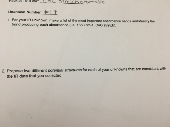 TUU UL 1014UI LE Stretch aromatic Unknown Number #17 1. For your IR unknown, make a list of the most important absorbance ban