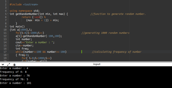 1 2 #include <iostream> 3 4 using namespace std; 5. int getRandomNumber(int min, int max) { 6 return (rand() % 7 (max- min +