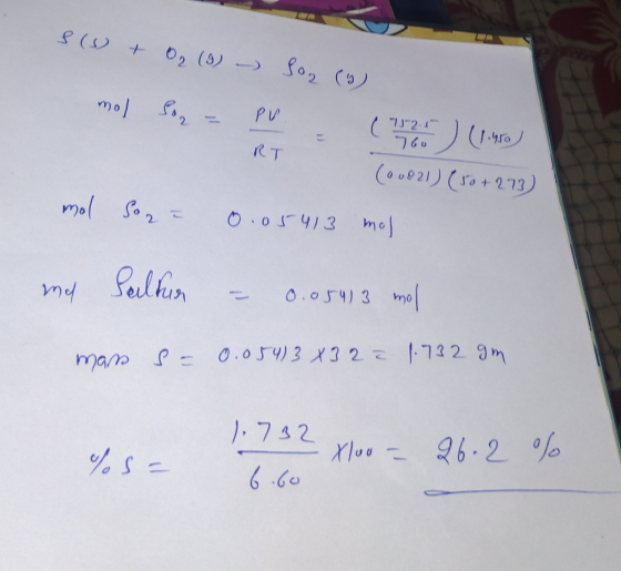& ( +0 (3) S02 ( PV 2 760 RT Co0821) (o+273 mol So2 O.05413 mo Seulben 0.054) 3 m 13 2 9M 0.054)3 X3 2 Mam 1.742 96.2 o 660