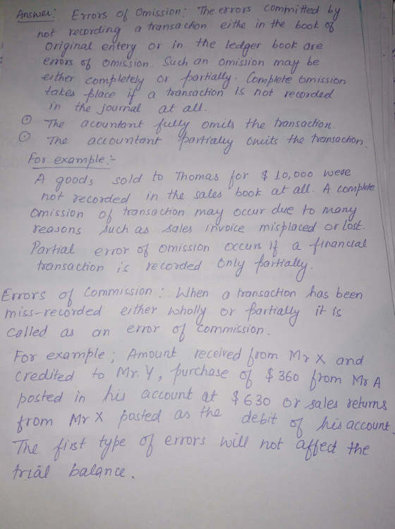 nsue Errors of Omission: The esrors commi ted by hot recrding a transa chon erthe in the book original entery or in the ledger book are enox o omission Such an omission either comp takes卡lace a hansa chon is not recorded in the jounal at aul letely or porayCoplete omissior acountant fully omits the transachon O The acı ountant %arti onits the transacion Fos example A 700ds sold to Thomas bor串10,000 were hot recoadledl in the sales book at all A complete Omission tanso ckion may occur due to mon reasons uchas sales voce misplacead or lodk Parthal ransachon ic Telooded Only poh error ob omission CC cu Ag atinanctal Hal Errors σ1 Commission: When oransacHon has been miss-re corded either んholy or partially ltis Called a an error Commicsion For example Amount eceived rom M> x and credited to Mry,futhaseobf 360 brorn Mr A 60 hrom M7xA cted in hu account t $630 or sales euns X bosted as tha deithis acconk The first type Ch errors nou rial balance 1 errors hoili not affed the