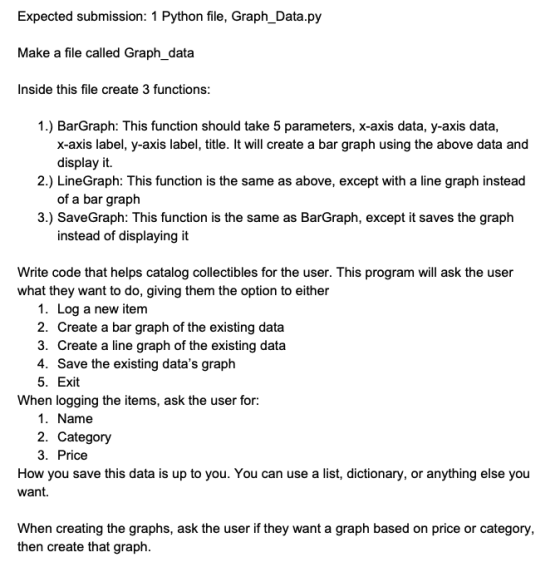 Expected submission: 1 Python file, Graph_Data.py Make a file called Graph_data Inside this file create 3 functions: 1.) BarG