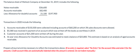The balance sheet of Metlock Company at December 31, 2019, includes the following. Notes receivable Accounts receivable Less: