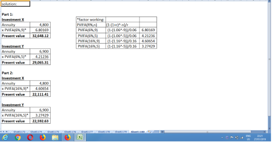 solution: Part 1: Investment X Annuit xPVIFA(696,9) | 6.80169 Present value32,648.12 factor workin PVIFA(R%,n PWFA(696,9) PVI FA(696,5 PVI FA( 1696,9) PVI FA 1696,5 4,800 | 6.80169 1-(1.06A-5)/0.06 4.21236 9 (1-(1.16A-9)/0.16 4.60654 1-(1.16A-5)/0.163.27429 | (1-(1.06^-9))/0.06 Investment Annuit xPVIFA(696,5) | 4.21236 Present value29,065.31 6,900 Part 2: Investment X Annuit xPWFA(1696,9)| 4.60654 Present value22,111.41 4,800 Investment Annuit xPVIFA(1696,5) | 3.27429 Present value 22,592.63 6,900 4 ト 커 Sheet1 1 73 / Sheet1 1 74 Sheet1 1 75 Sheet1 1 76 Sheet1 1 77 Sheet1 1 78 Sheet1 1 79 sheet i i 80 . . . ll ENG 2221 US 27/01/2019