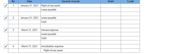 Date Debit Credit No 1 General Journal January 01, 2021 Right-of-use asset Lease payable 2 January 01, 2021 Lease payable Cas