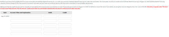 Buffalo Corporation factors $268,700 of accounts receivable with Kathleen Battle Financing, Inc. on a with recourse basis. Ka