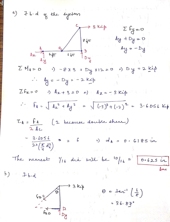 a) 7.b.d of the system skip 8ft Efyzo Ay + Dy zo ? - Pa B/ 1 oft 64 D oft Toy E Mazo » -8 x 3 + Dy x 12 zo » Dy=2 kip Efx=o »