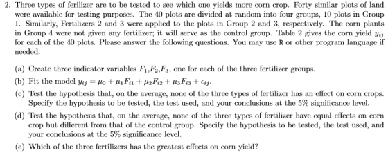 2. Three types of ferilizer are to be tested to see which one yields more corn crop. Forty similar plots of land were availab