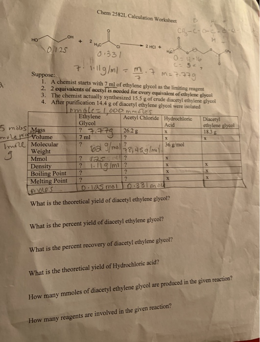 Chem 2582L Calculation Worksheet OH + 2 но он H₂C a 0125 01331 0 - 6 C-5x, 7. Illg/ml = m .7 m = 7.779 Suppose: 1. A chemis