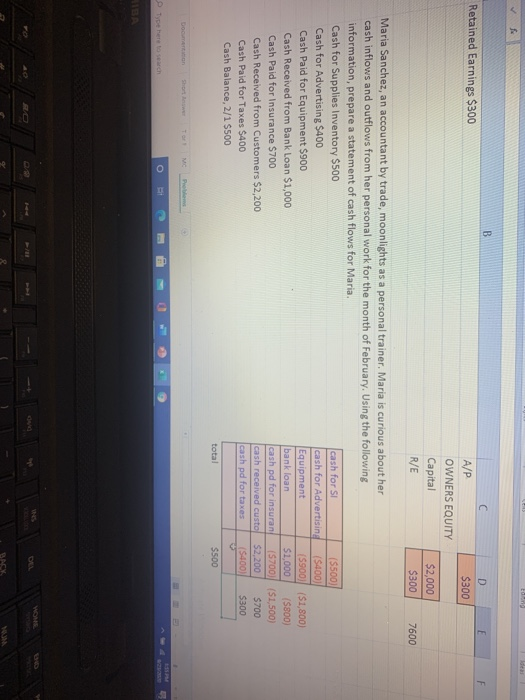 B F Retained Earnings $300 D $300 A/P OWNERS EQUITY Capital $2,000 $300 R/E 7600 Maria Sanchez, an accountant by trade, moonl