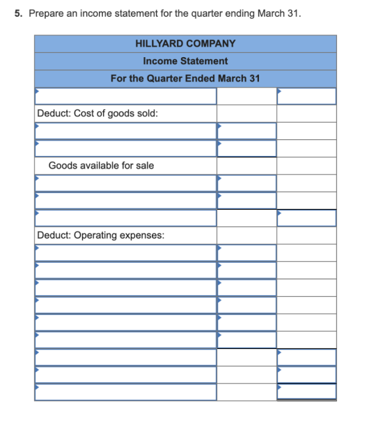 5. Prepare an income statement for the quarter ending March 31. HILLYARD COMPANY Income Statement For the Quarter Ended March