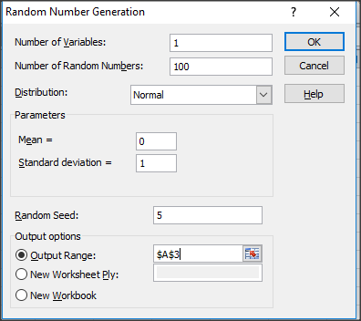 Random Number Generation Number of Variables: Number of Random Numbers 100 Distribution: Parameters OK Cancel Normal Help Mean 0 Standard deviation Random Seed: Output options O Output Range: ONew Worksheet Ply: ONew Workbook SA$3