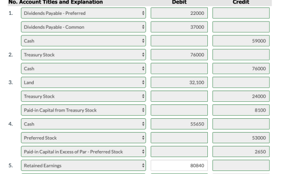 No. Account Titles and Explanation Debit Credit 1. Dividends Payable - Preferred 22000 Dividends Payable - Common 37000 Cash