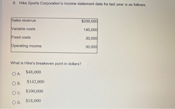 8. Hike Sports Corporations income statement data for last year is as follows: Sales revenue $200,000 Variable costs 140,000