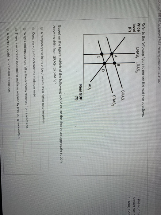 question/104241782 Refer to the following figure to answer the next two questions. Price level LRAS, LRAS, (P) Time Runn Atte