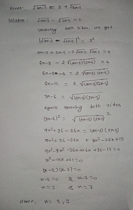 Given 5m3 # 2 + Jeas solution : √225 - 2 401-3 both sides, we get squaring dm-3 & 1205 1² = 22 An-3 + anus - 2 Jan-3 Tans =4