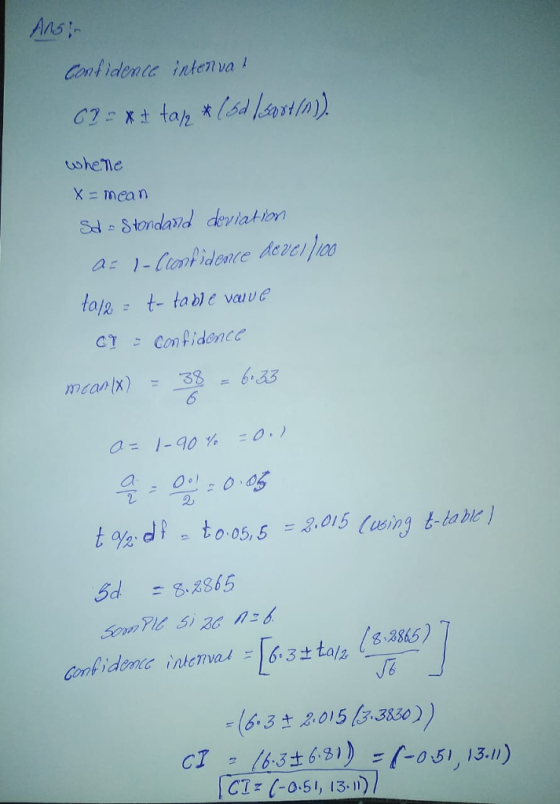 Contideni intenva l uoheme mea n toe ttae vave CTこConfidence 0-1-90 :0.) t9ad. to 05,5 = 2.015 (using t-table} 63±tal2 1 ) 8.3865 Confidence inkcNva1 /b C (-0.5, 13.)