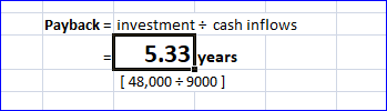 Payback = investment = cash inflows 5.33 years [ 48,000 - 9000 ]