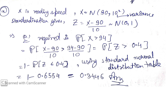 X is reading speed , XWN (909192) sneriance Standardization génes, Z = X-90 ~NIO, 1) es a required is PEX>94 ] 10 10 - P[ X-9