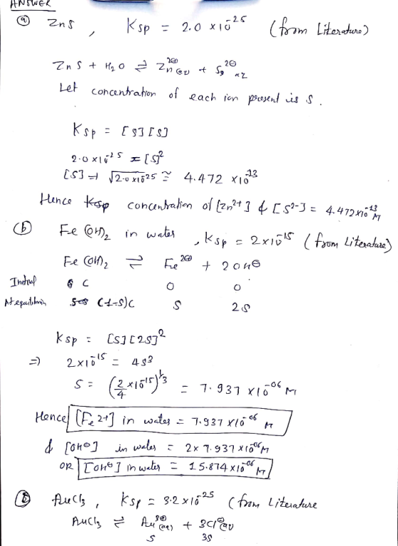 ANSWER @ Zns, Ksp = 2.0 x102s (from Literature) ZnS + H₂O ² 200 or at se 20 Let concentration of each in present is s. Ksp =