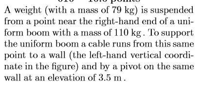 VALU.U POLUD A weight (with a mass of 79 kg) is suspended from a point near the right-hand end of a uni- form boom with a mas