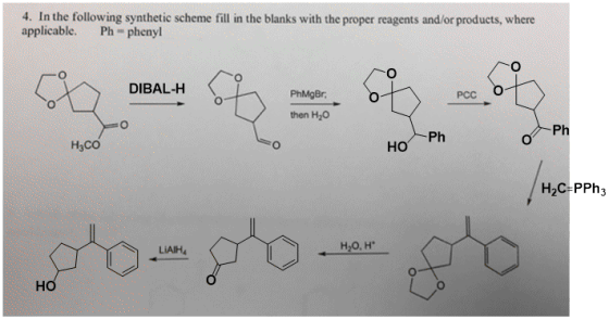 4. In the following synthetic scheme fill in the blanks with the proper reagents and/or products, where applicable. Ph-phenyl
