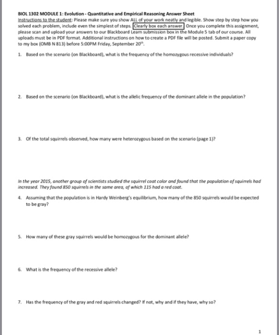 BIOL 1302 MODULE 1: Evolution - Quantitative and Empirical Reasoning Answer Sheet Instructions to the student: Please make su