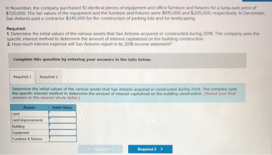 In November, the company purchased 10 identical pieces of equipment and office furniture and fixtures for a lump-sum price of