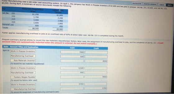 Foster Manufacturing uses a job order cost accounting system. On April 1, the company has Work in Process Inventory of $7.500