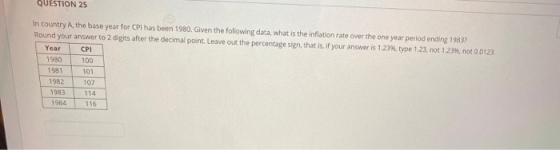 QUESTION 25 In country A the base year for CPI has been 1980. Given the following data, what is the inflation rate over the o