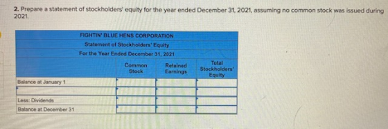 2. Prepare a statement of stockholders equity for the year ended December 31, 2021, assuming no common stock was issued duri