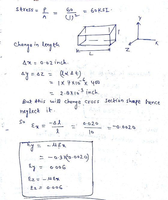 stress = P 60 60KSI chamge in lengt 4n = o.02 inch X - 3 2-8XIinch cross Secon shape hence chage helec it But this wiM So -4