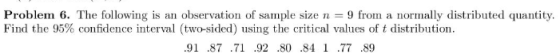 Problem 6. The following is an observation of sample size n = 9 from a normally distributed quantity. Find the 95% confidence
